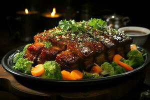 A delicious crispy pork belly fancy on plate. Restaurant food and asian cuisine concept by AI Generated photo