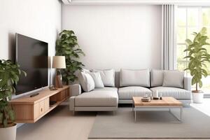 Modern apartment interior in living or bedroom design with working table, furniture, and bookshelf. Luxury home scandinavian concept by photo