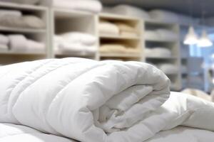 Beautiful luxury comfortable white pillow and blanket on bed decoration. Luxury white down comforter concept by photo