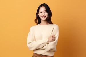 Beautiful asian woman in casual with smile cheerful. Studio shot asian woman standing hand gesture concept by photo