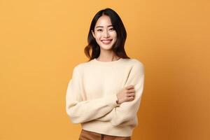 Beautiful asian woman in casual with smile cheerful. Studio shot asian woman standing hand gesture concept by AI Generated photo