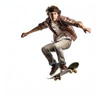 A caucasian man doing tricks or jumping on a skateboard at the street. Young man with skater jumping concept by photo
