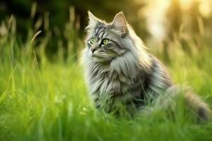 linda gato Mira a el lado y sentado en el jardín o césped. gato en naturaleza hábitat. gato día concepto por ai generado foto