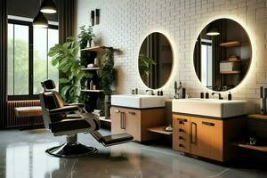 Modern barbershop interior with mirrors chair and other equipment near windows. Chairs in barbershop concept by AI Generated photo