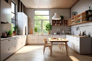 Modern kitchen interior design in apartment or house with furniture. Luxury kitchen home scandinavian concept by AI Generated photo