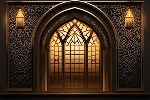 Eid mubarak and ramadan kareem greetings with islamic lantern and mosque. Eid al fitr background. Eid al fitr background of window concept by photo