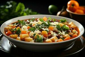 un delicioso Minestrone sopa comida en un bol. italiano comida y sano proteína sopa comida concepto por ai generado foto