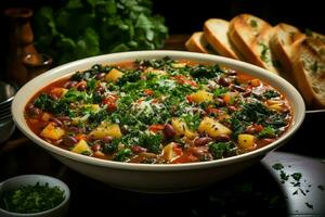 A delicious minestrone soup food in a bowl. Italian food and healthy protein soup meal concept by AI Generated photo