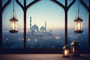 Eid mubarak and ramadan kareem greetings with islamic lantern and mosque. Eid al fitr background. Eid al fitr background of window concept by photo