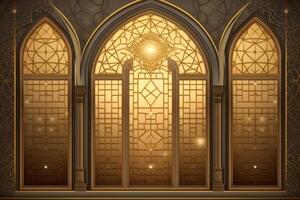 Eid mubarak and ramadan kareem greetings with islamic lantern and mosque. Eid al fitr background. Eid al fitr background of window concept by photo