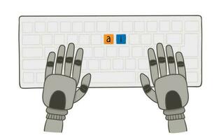 close up hand of robot with keyboard and ai text top angle view. Artificial intelligence concept vector