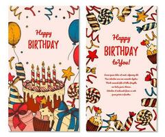 Two sides Brthday vertical greeting card. Poster with hand drawn elements. Celebration social media stories  template. Vector illustration in sketch style