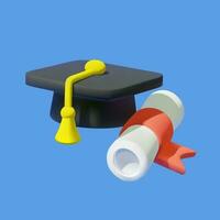 Graduation cap and diploma scroll 3D vector icon isolated.