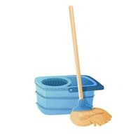 Blue spin mop with bucket on white background. vector