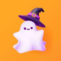 un pequeño fantasma vistiendo un bruja sombrero Víspera de Todos los Santos cosa. 3d vector personaje.