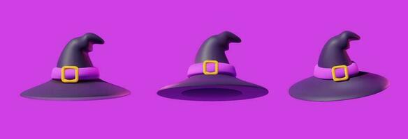 Set of witch or wizard hats in three different angles. vector