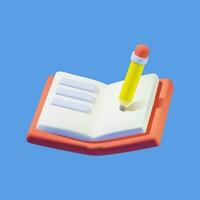 3d vector icon open book with pencil on a blue background.