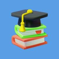 Black graduation cap on stack of books. 3D vector icon.