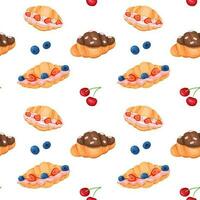 Seamless pattern with sweet croissants and berries on a white background. vector