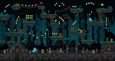 Cemetery game level map, ui vector night graveyard