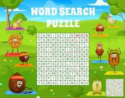 Cartoon nuts on yoga fitness, word search puzzle vector