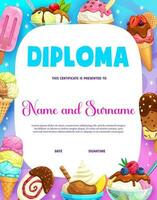 Kids diploma with cartoon ice cream dessert frame vector