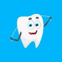 Cartoon tooth character with dental floss, vector