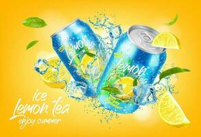 Ice lemon tea can and cubes, drink splash with ice vector