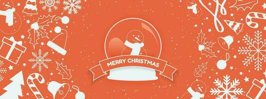 Cute Christmas Holiday Banner hand drawn snowglobe with snonman and Merry Christmas text greeting on ribbon garland on red background decorated cyan with snowflakes, santa hat, snowman, leaf, wreath. vector