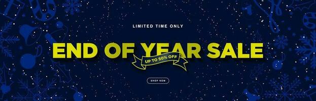 End of Year Sale Typographic Text Sales Banner with up to 50 off discount tag and shop now CTA button on midnight blue background. Blue Christmas elements. Editable Vector Illustration. EPS 10.