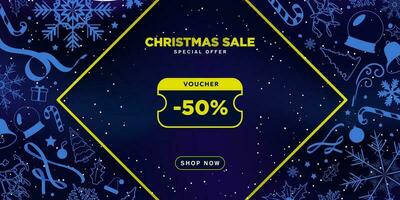 Elegant Christmas -50 Discount Voucher with shop now button on blue gradient background in framed with hand drawn Christmas elements, snowflakes, presents, snow, candy cane. Vector Illustration.
