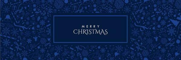 Seamless Monochromatic Dark Blue Christmas banner with blue Christmas elements and copy space in center. Vector Illustration. EPS 10. Perfect for banners, headers, covers, prints, repeating patterns.