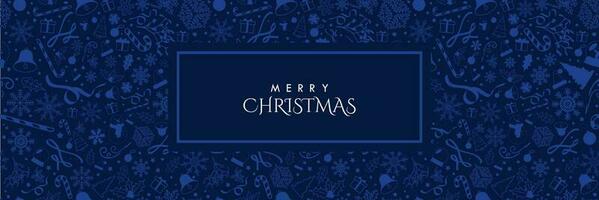 Seamless Monochromatic Dark Blue Christmas banner with blue Christmas elements and copy space in center. Vector Illustration. EPS 10. Perfect for banners, headers, covers, prints, repeating patterns.