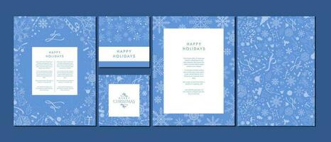 Set of Teal Blue Christmas Template Designs. Beautiful Monochromatic Christmas Backgrounds with blue soft Christmas element patterns. Poster, Vertical Banner, Card, a4 letter. Vector Illustrations.