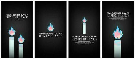 Set of Transgender Day of Remembrance Social Media Story Designs. Transgender Day of Remembrance Greeting Card Posters with burning candles using trans pride colors on dark background. Vector. EPS 10 vector