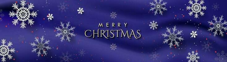 Gold Merry Christmas Greeting Banner on Beautiful Gradient Background with white 3d snowflakes. Vector Illustration. Perfect for headers, cover, banners, backgrounds, designs.