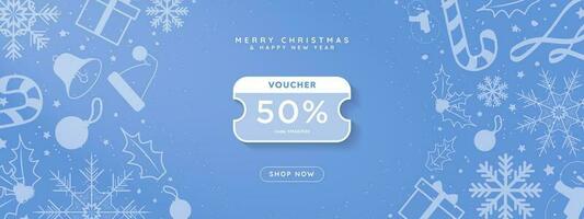 Simple White and Teal Blue Online Christmas 50 Voucher decorative christmas elements and Shop Now CTA Button. Pop up coupon with space for code and 50 off. Editable Vector Illustration. EPS 10.
