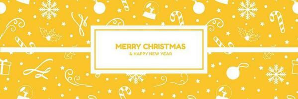 Bright Merry Christmas Banner with white hand-drawn Christmas elements on yellow background. White Christmas balls, snowflakes, ribbons, gifts,  candy cane. Vector Illustration. EPS 10.