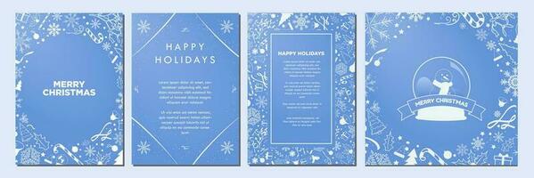 Teal Blue and White Christmas Template Designs. Beautiful Monochromatic Christmas Backgrounds with blue soft Christmas element patterns. Poster, Card, A4. Editable Vector Illustration.