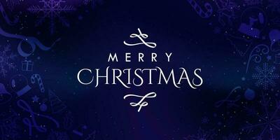 White Merry Christmas on Dark Blue Gradient Background with soft Christmas elements. Vector Illustration. EPS 10.