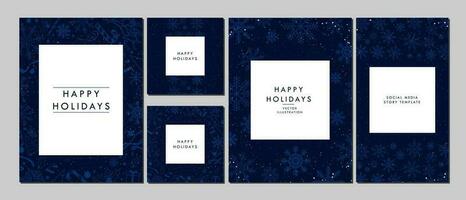 monocromo alegre Navidad saludo tarjetas, social medios de comunicación historia, y póster en Armada azul degradado antecedentes y suave blanco Navidad elementos. elegante Navidad modelo diseños vector Arte.