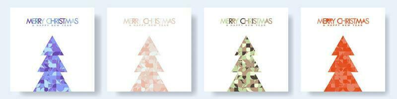 Set of Modern Christmas Card Designs with Geometric Christmas Trees and typography. Simple Geometric Xmas Card Poster templates on white background. Editable Vector Illustration. EPS 10.