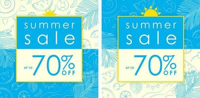 Summer Sale Up to 70 off on Cyan and Light Yellow Background Sale Sign with yellow frame and sun symbol on top. Outline of cherry, lemon, watermelon, sea waves, palm leaf. Free Vector