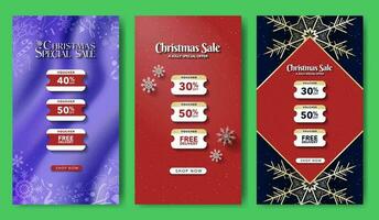 Set of Christmas Special Sale Voucher Templates for Social Media Stories with three coupons and CTA Button. Vector Illustrations. EPS 10.