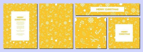 Yellow Christmas Template Designs with white Christmas element patterns. Candy cane, wreath, ribbons, snowflakes. Poster, Banner, Card, header, pattern. Editable Vector Illustration. EPS 10.