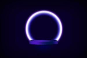 Dark Futuristic 3d rendered interior with purple violet podium and white glowing ring. Vector Illustration. EPS 10.