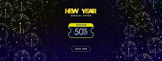 New Year Special Offer 50 Discount Voucher Template Banner with Shop Now CTA button and fireworks display. New Year Coupon Banner layout. Editable Vector Illustration. EPS 10.