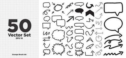 Set of 50 Grunge Hand Drawn arrows and speech bubbles in ink brush design style. Sketch elements. Arrow lines, directional, speech box. Collection of doodle elements. Vector Illustration. EPS 10.