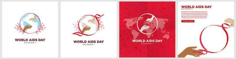 Set of World Aids Day Greeting Card Posters. Two hands reaching out inside red ribbon frame. Vector Illustration.