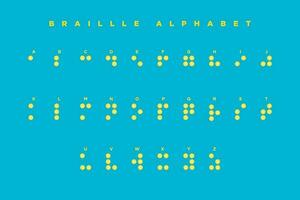 Blue and Yellow Braille English Alphabet. ABC guide for blind and visually impaired people. Braille Letters as Dots. Vector Illustration. EPS 10.